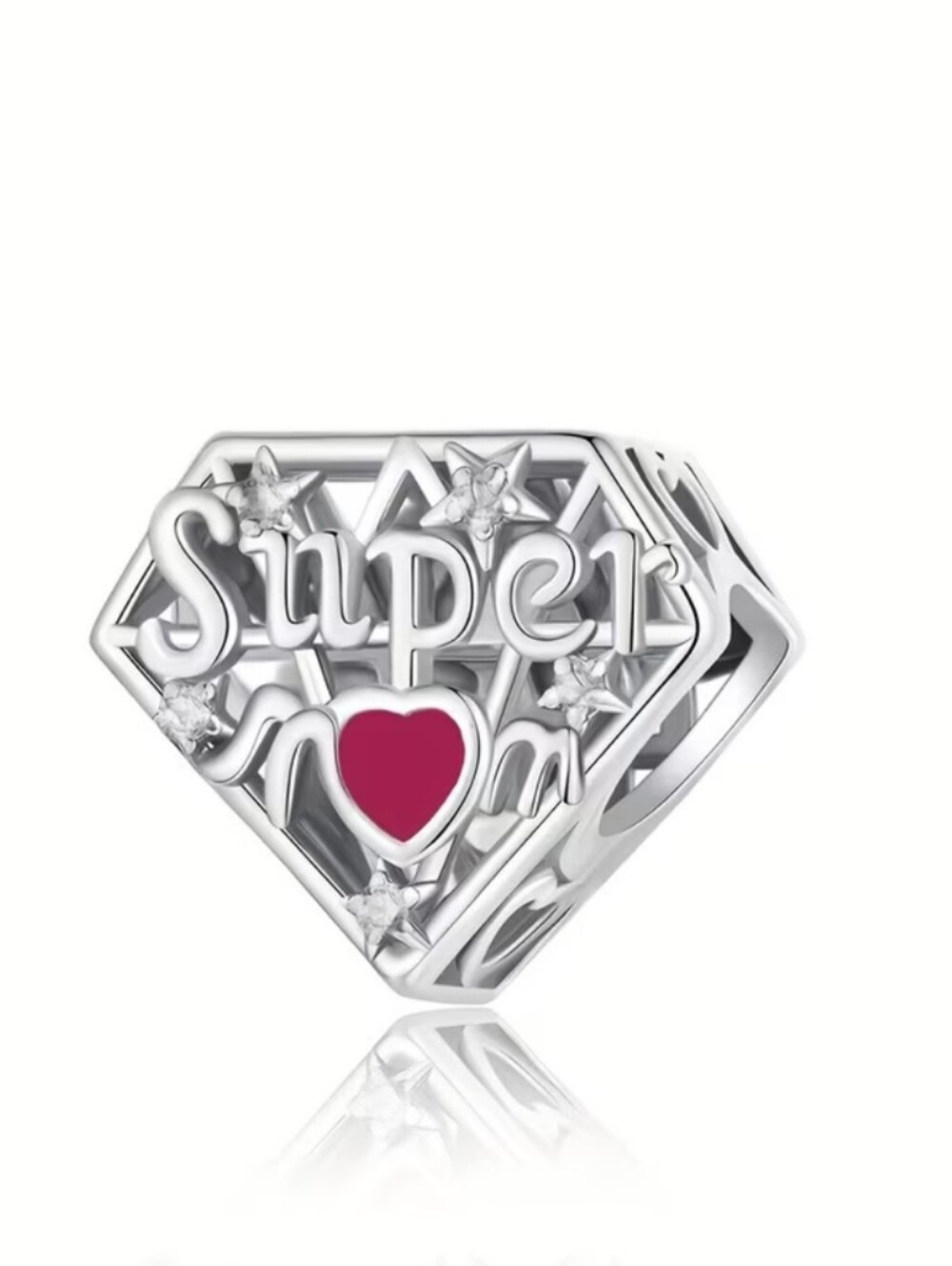 Sterling Silver 'Super' Heart Charm with Pink Enamel